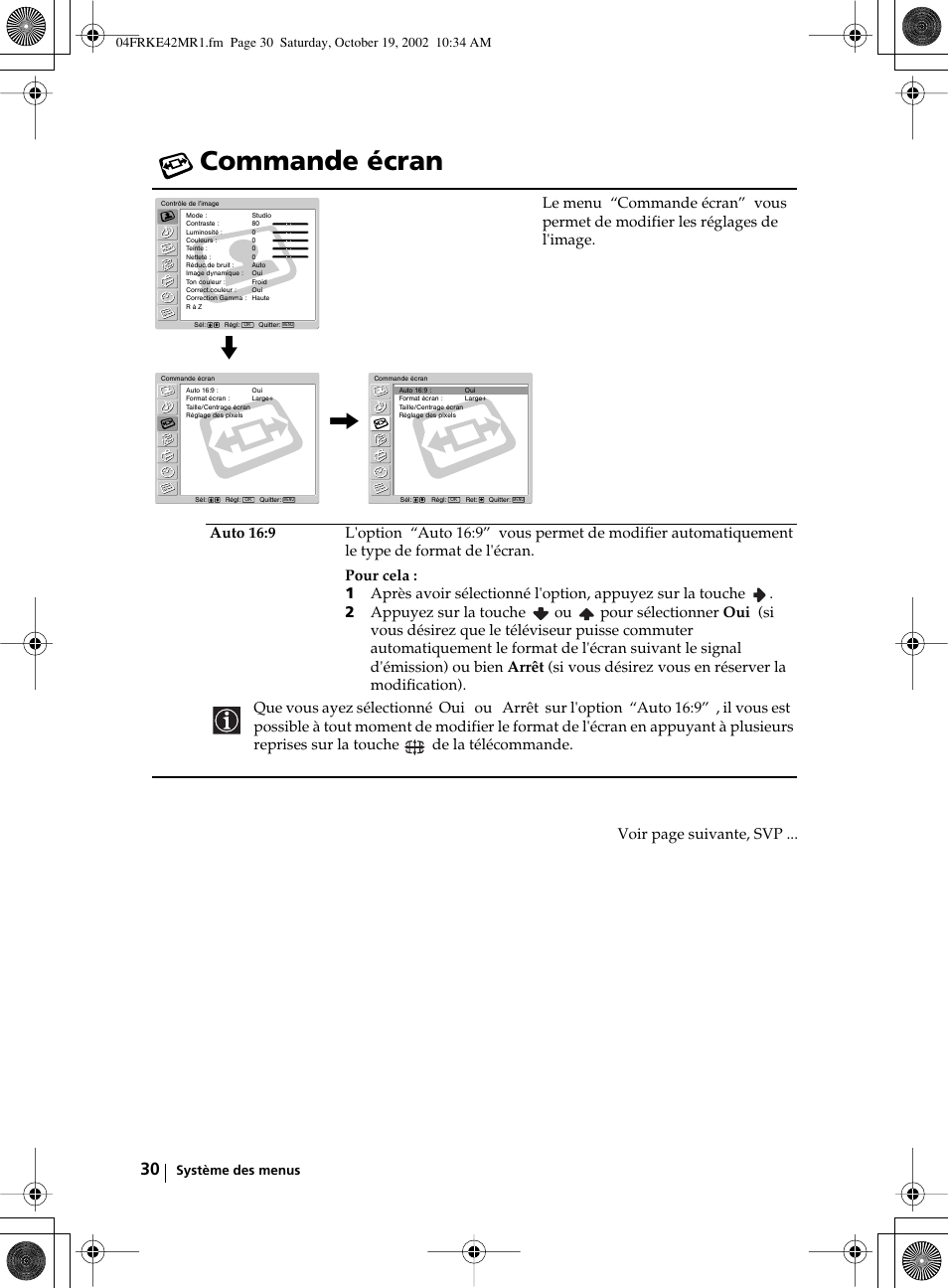 Commande écran, Voir page suivante, svp | Sony KE-42MR1 User Manual | Page 256 / 305