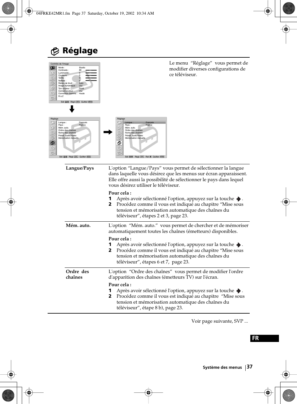 Réglage, Voir page suivante, svp | Sony KE-42MR1 User Manual | Page 263 / 305