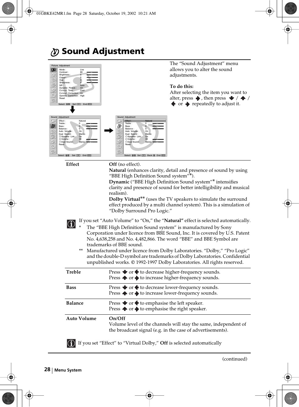 Sound adjustment | Sony KE-42MR1 User Manual | Page 28 / 305