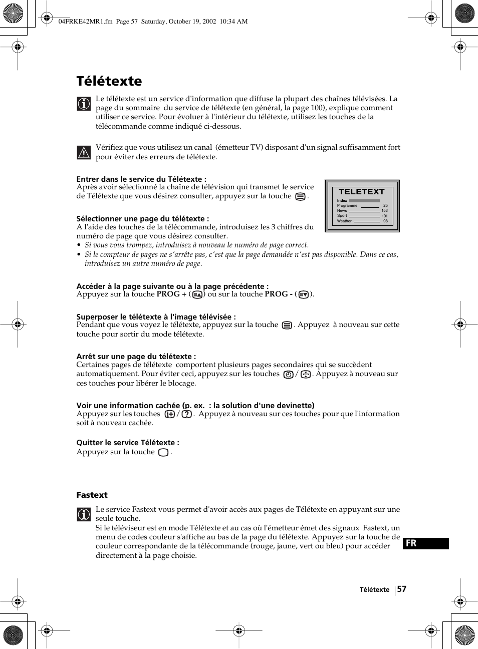 Télétexte, Fastext | Sony KE-42MR1 User Manual | Page 283 / 305