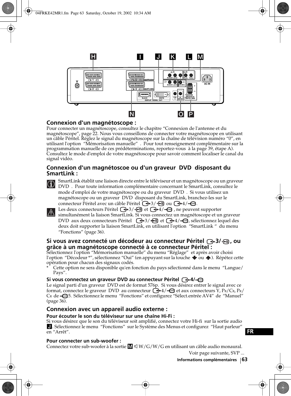 Fr connexion d'un magnétoscope, Connexion avec un appareil audio externe, Pour connecter un sub-woofer | Sony KE-42MR1 User Manual | Page 289 / 305