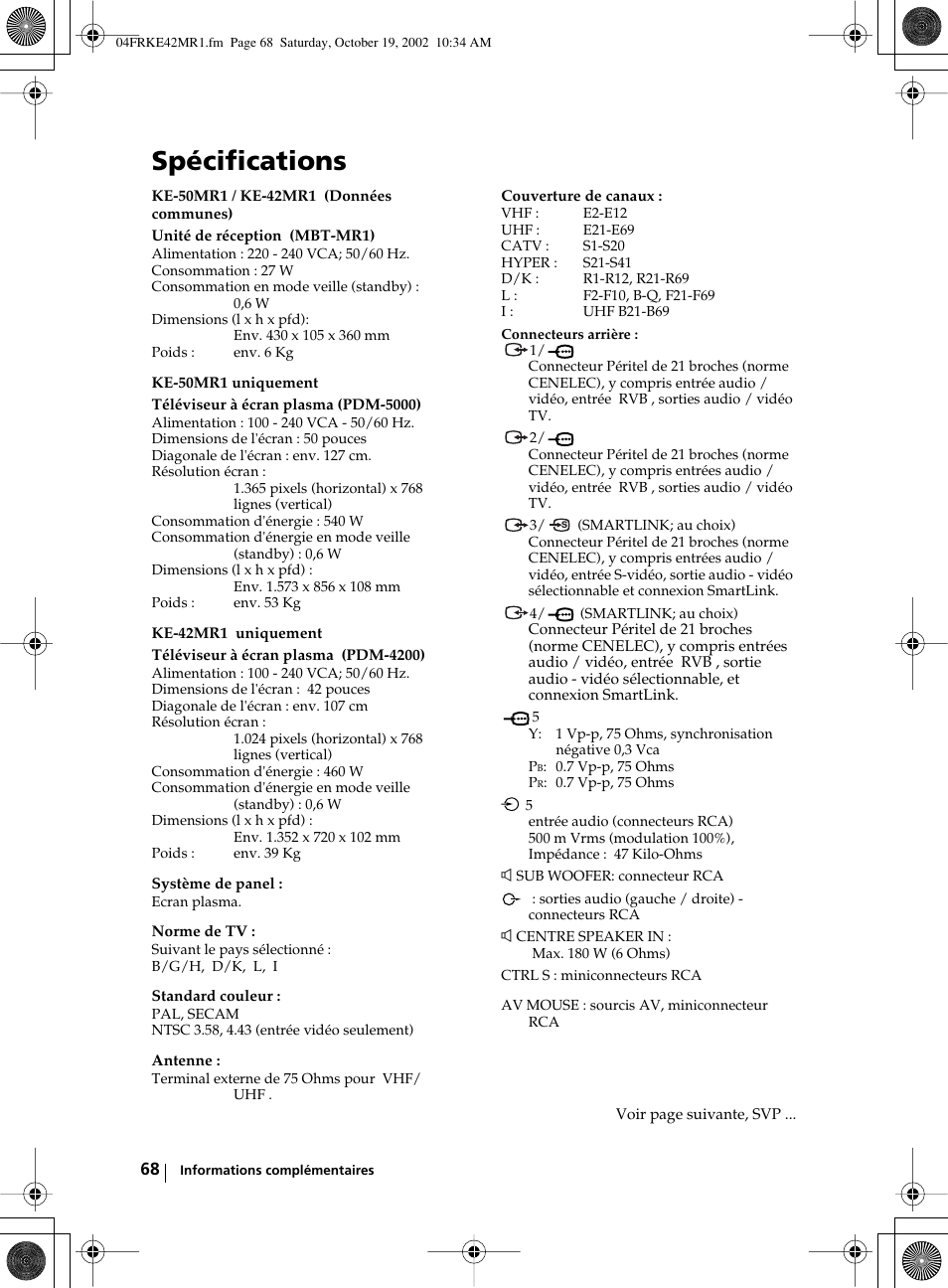 Spécifications | Sony KE-42MR1 User Manual | Page 294 / 305