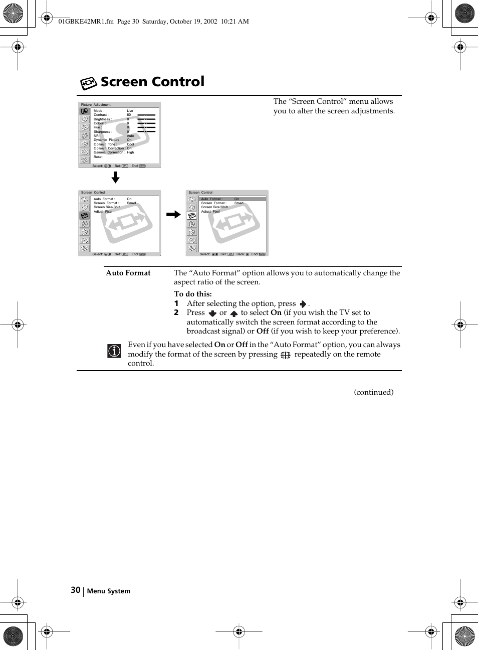 Screen control, Continued) | Sony KE-42MR1 User Manual | Page 30 / 305