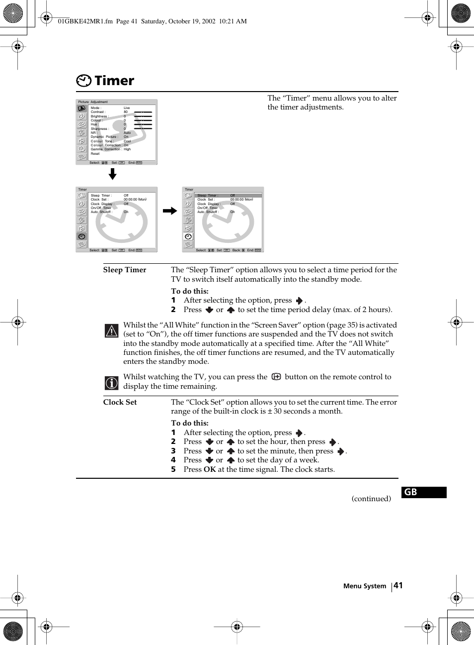 Timer | Sony KE-42MR1 User Manual | Page 41 / 305