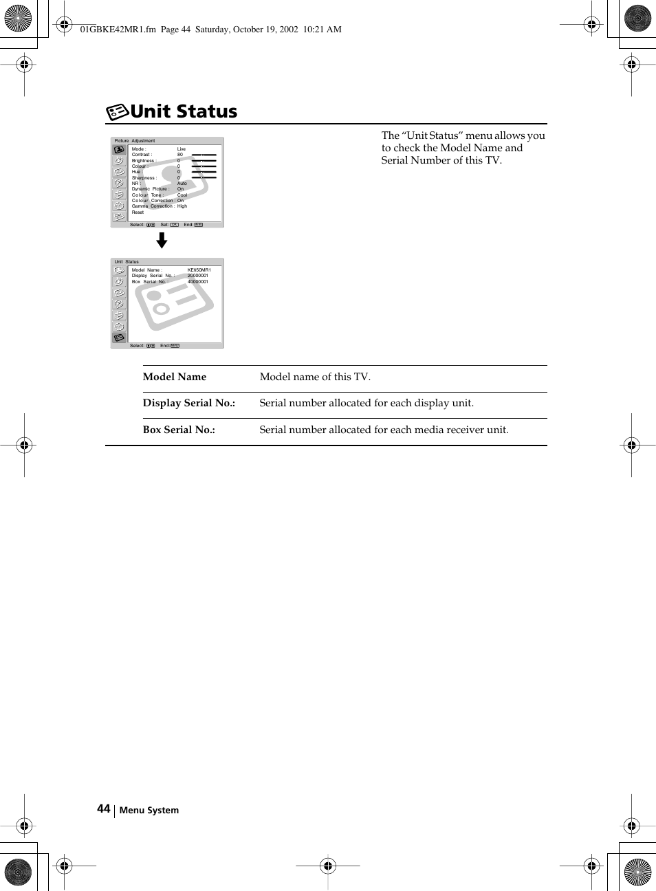 Unit status | Sony KE-42MR1 User Manual | Page 44 / 305