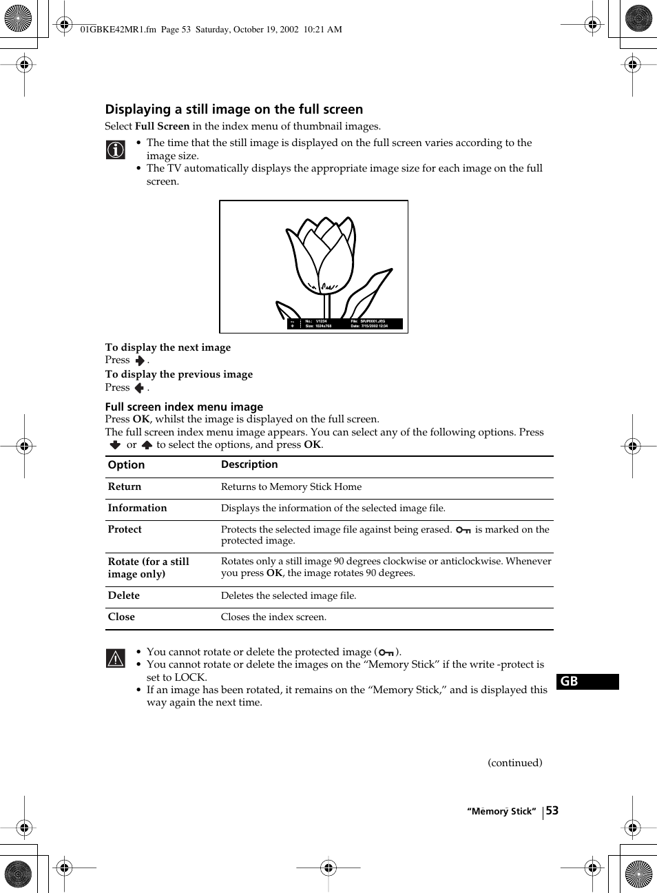 Gb displaying a still image on the full screen | Sony KE-42MR1 User Manual | Page 53 / 305