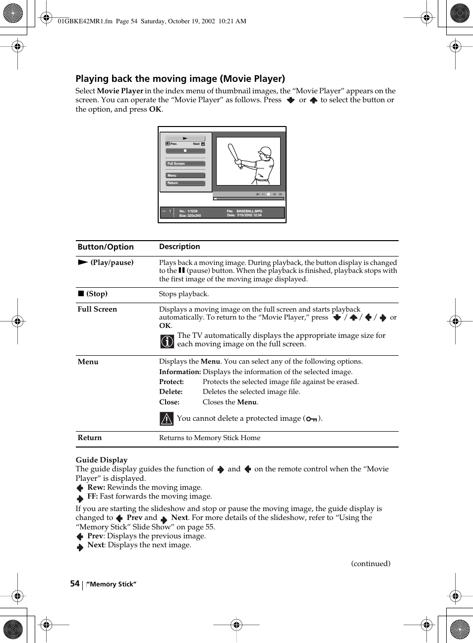 Playing back the moving image (movie player) | Sony KE-42MR1 User Manual | Page 54 / 305