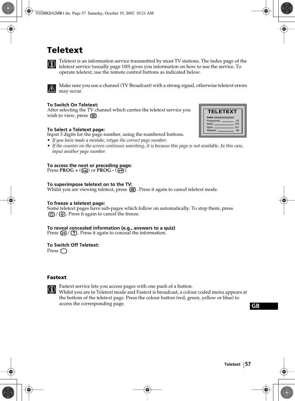 Teletext, Fastext | Sony KE-42MR1 User Manual | Page 57 / 305