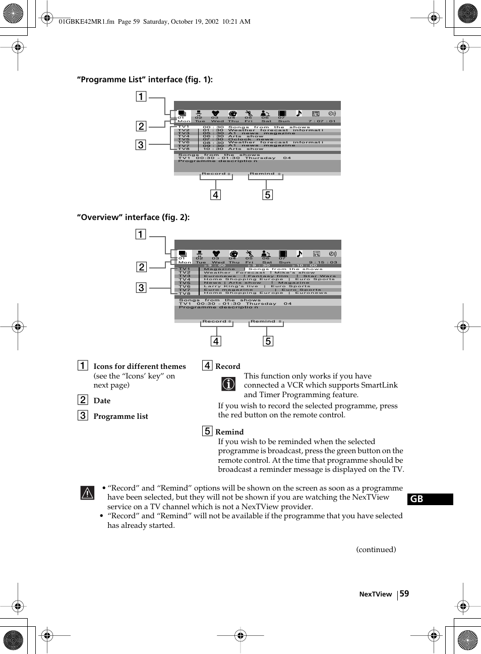 Date, Programme list, Continued) | Sony KE-42MR1 User Manual | Page 59 / 305