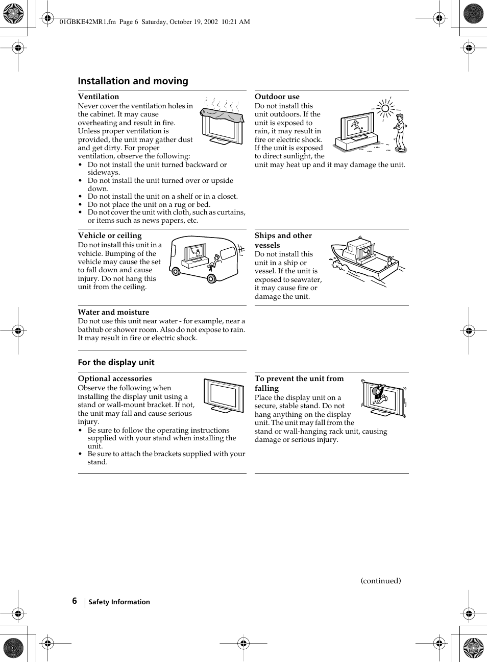 Installation and moving | Sony KE-42MR1 User Manual | Page 6 / 305
