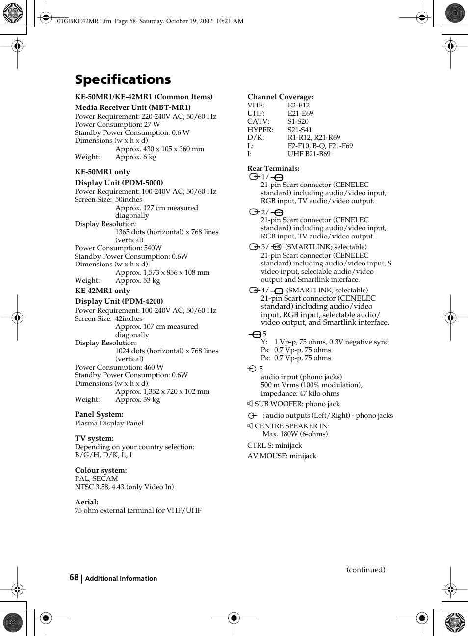 Specifications | Sony KE-42MR1 User Manual | Page 68 / 305