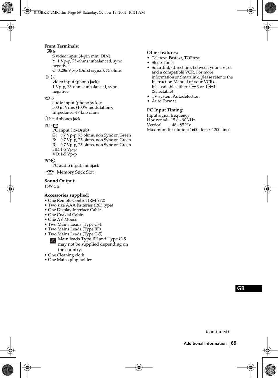 Sony KE-42MR1 User Manual | Page 69 / 305