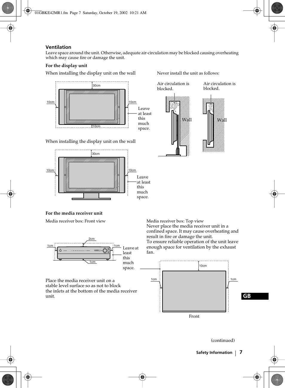 Ventilation, For the media receiver unit, Wall | Continued) | Sony KE-42MR1 User Manual | Page 7 / 305