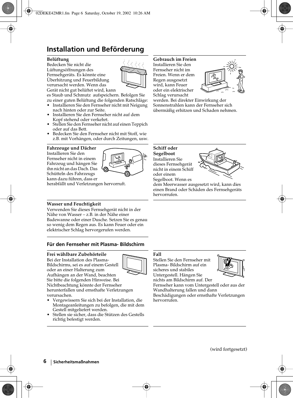 Installation und beförderung | Sony KE-42MR1 User Manual | Page 82 / 305