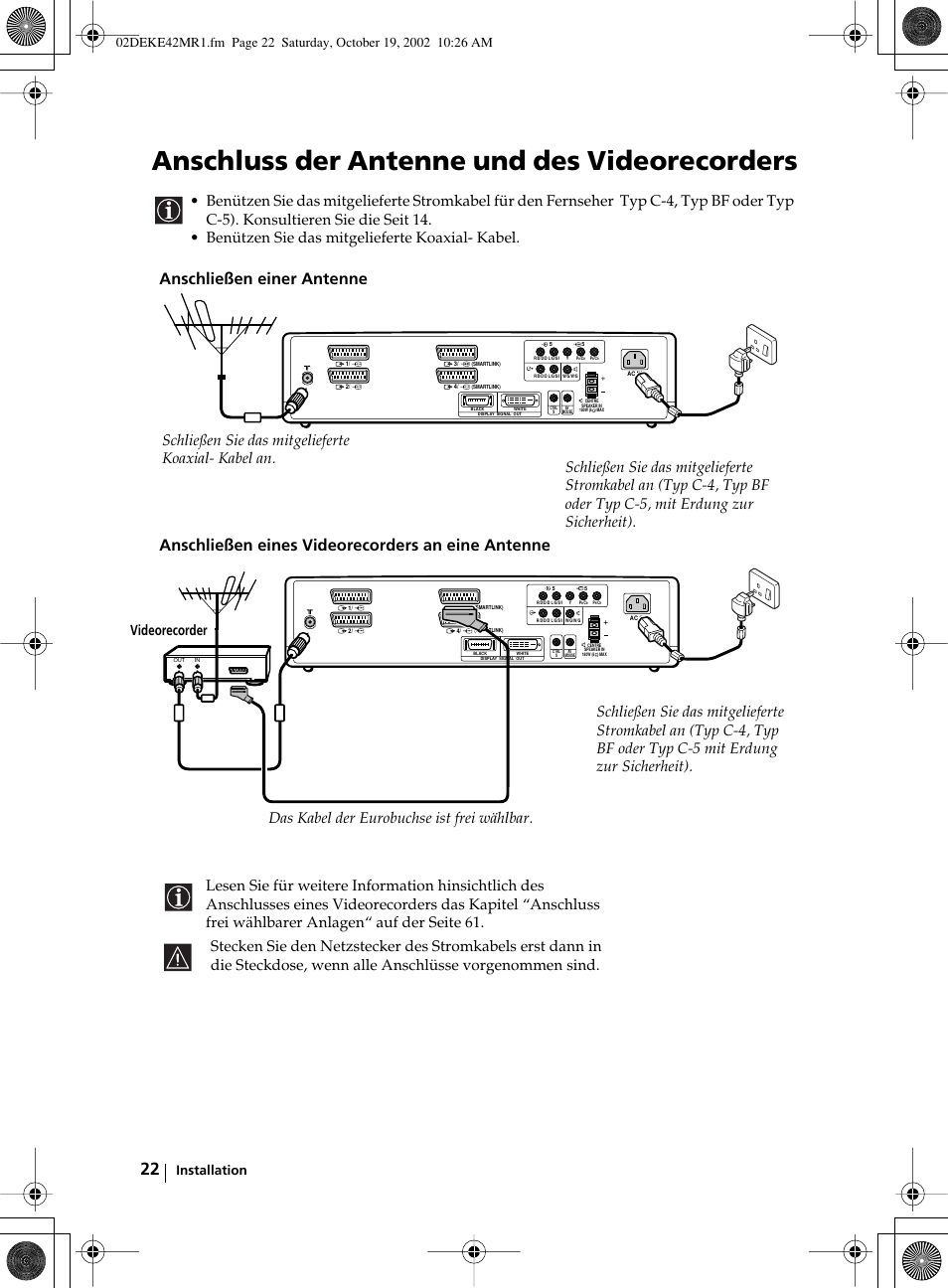Anschluss der antenne und des videorecorders, Videorecorder, Installation | Sony KE-42MR1 User Manual | Page 98 / 305