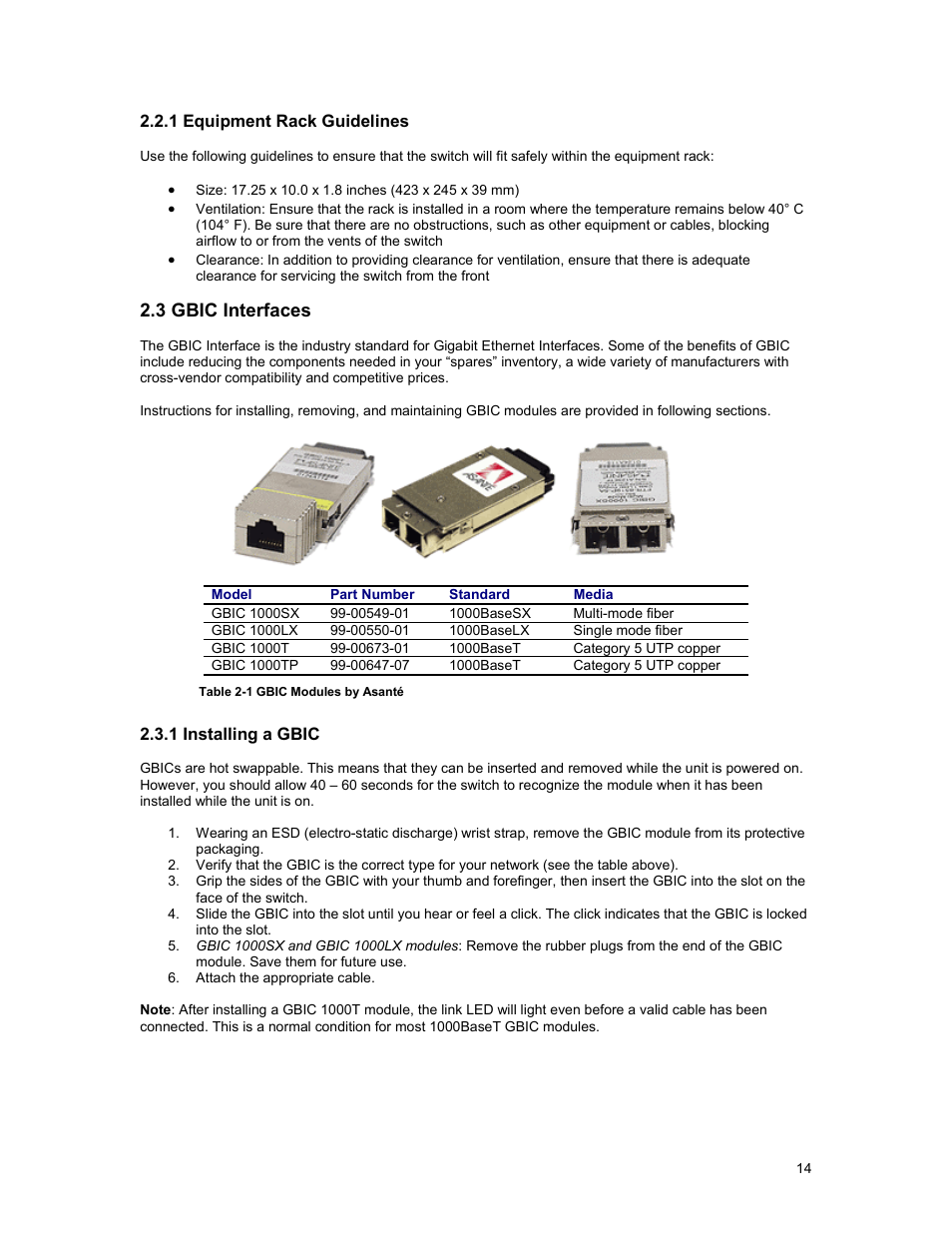 3 gbic interfaces | Asante Technologies 3500 Series User Manual | Page 14 / 85