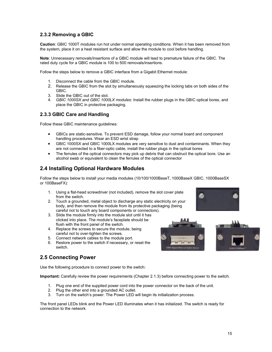 4 installing optional hardware modules, 5 connecting power | Asante Technologies 3500 Series User Manual | Page 15 / 85