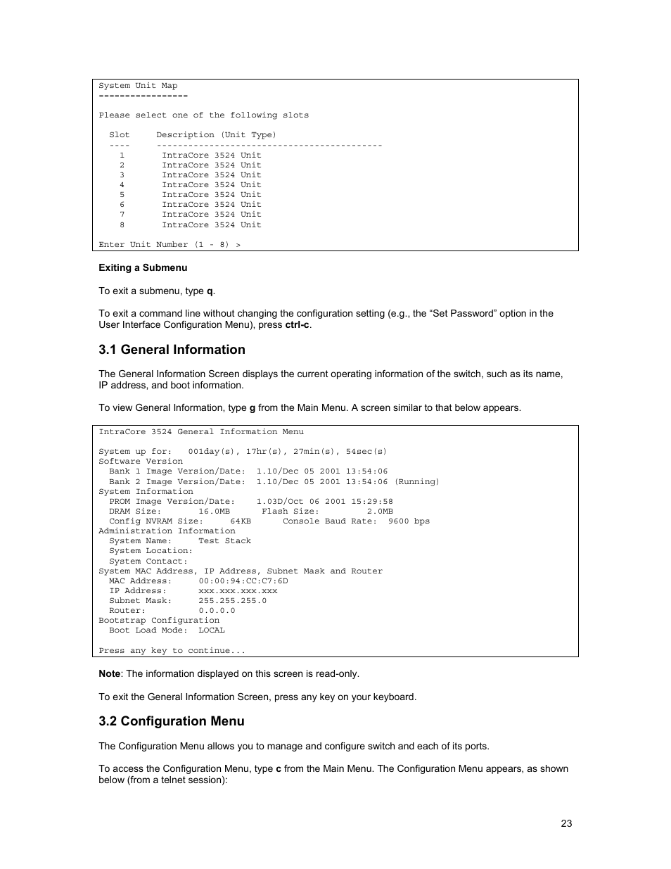 1 general information, 2 configuration menu | Asante Technologies 3500 Series User Manual | Page 23 / 85