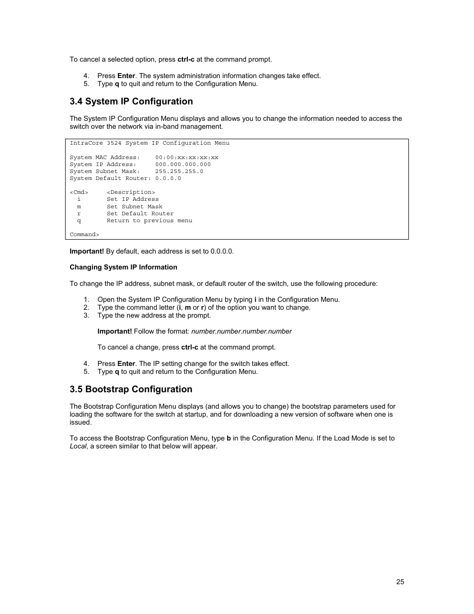 4 system ip configuration, 5 bootstrap configuration | Asante Technologies 3500 Series User Manual | Page 25 / 85