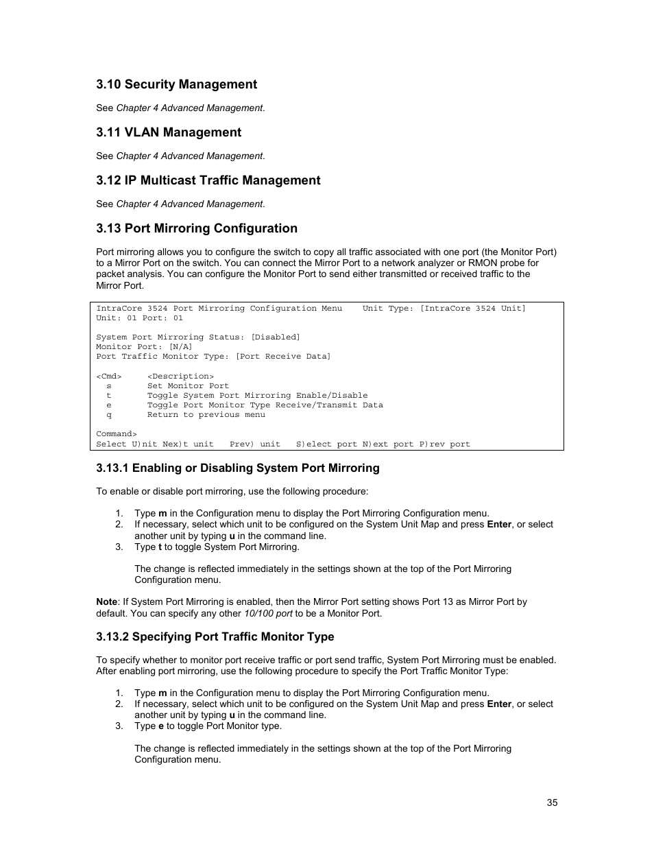 10 security management, 11 vlan management, 12 ip multicast traffic management | 13 port mirroring configuration | Asante Technologies 3500 Series User Manual | Page 35 / 85