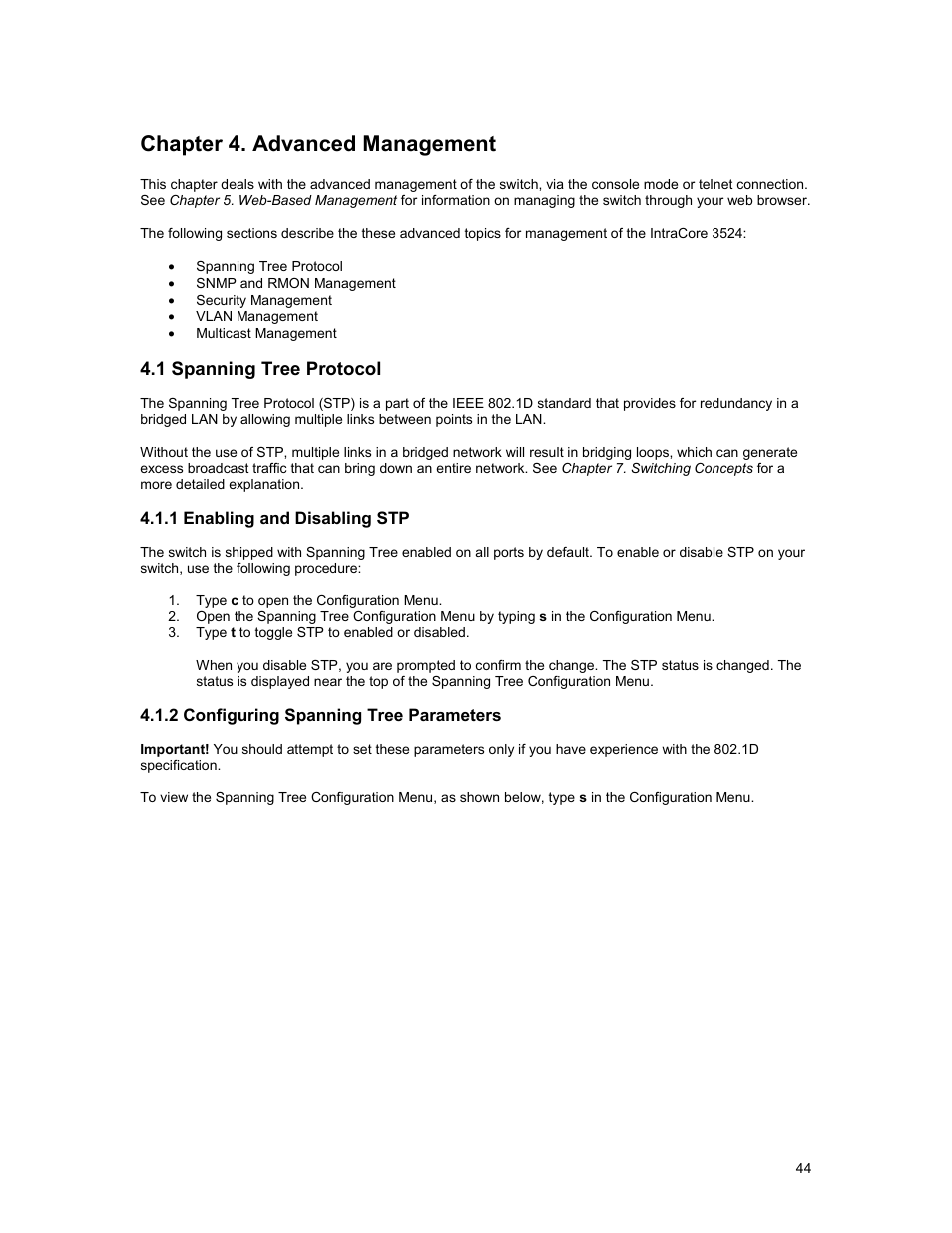 Chapter 4. advanced management, 1 spanning tree protocol | Asante Technologies 3500 Series User Manual | Page 44 / 85