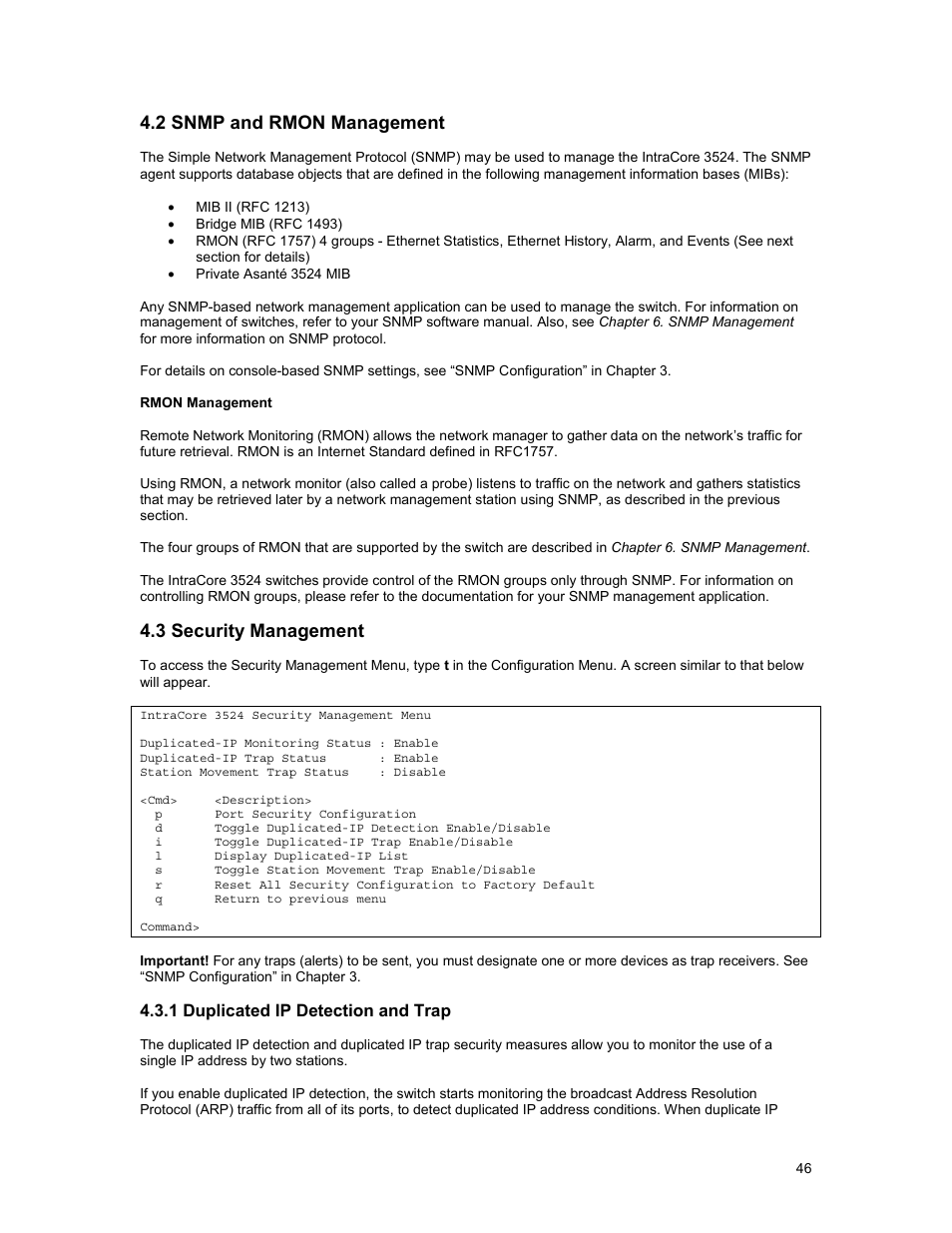 2 snmp and rmon management, 3 security management | Asante Technologies 3500 Series User Manual | Page 46 / 85