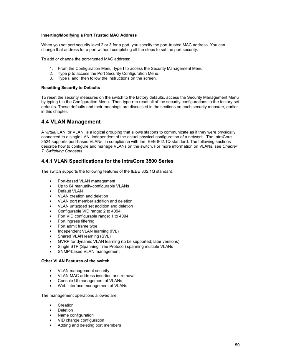 4 vlan management | Asante Technologies 3500 Series User Manual | Page 50 / 85