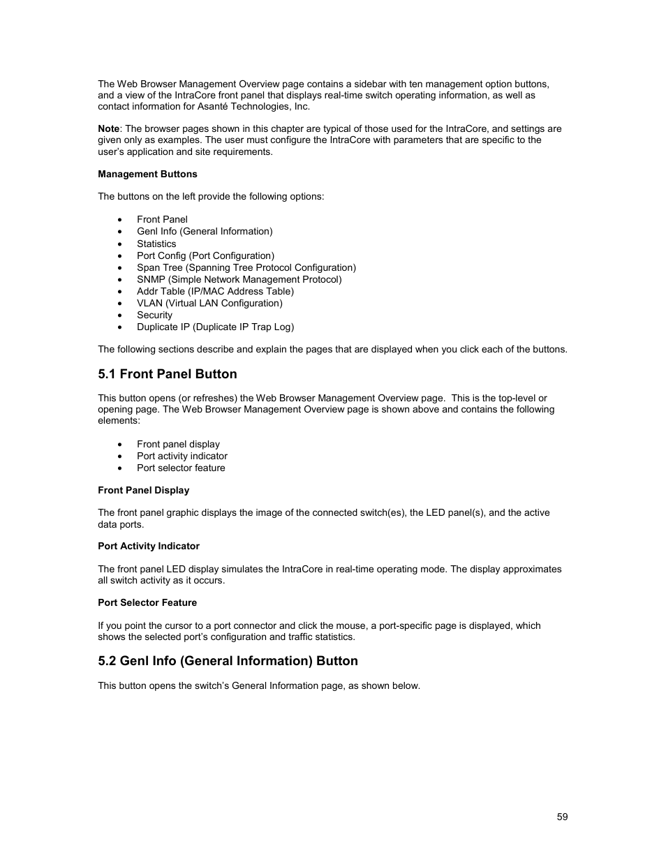 1 front panel button, 2 genl info (general information) button | Asante Technologies 3500 Series User Manual | Page 59 / 85