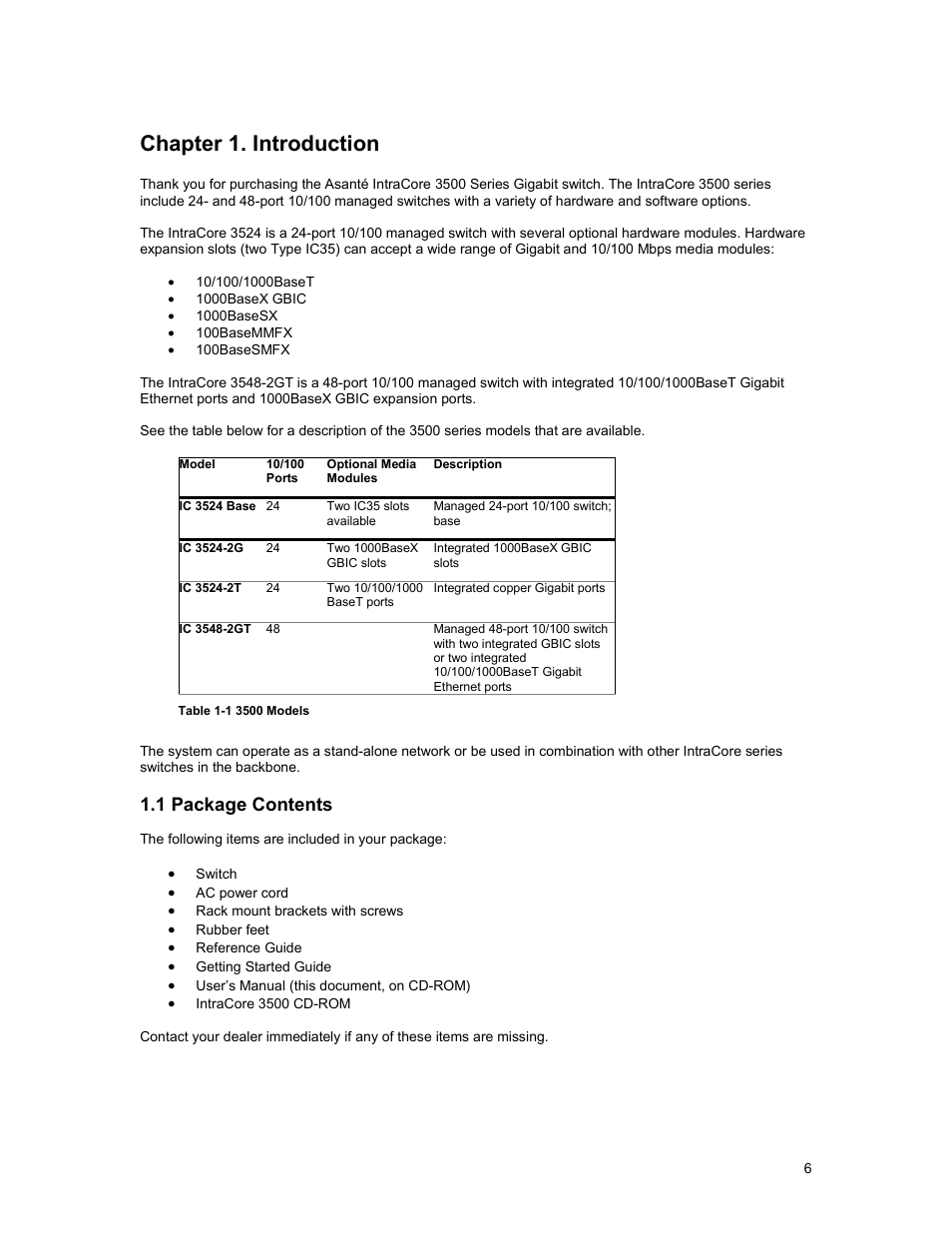 Chapter 1. introduction, 1 package contents | Asante Technologies 3500 Series User Manual | Page 6 / 85