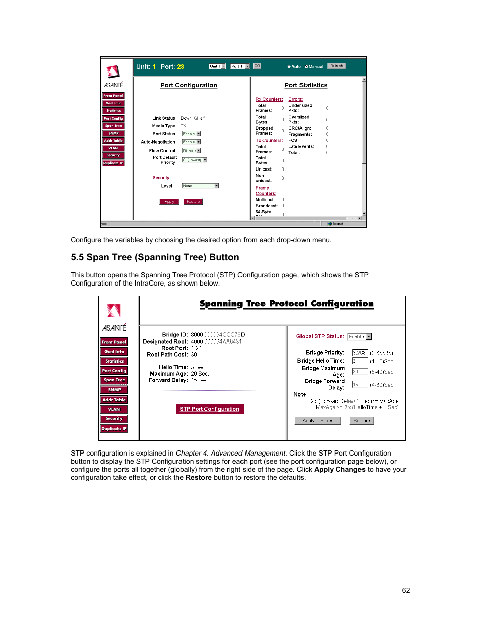 5 span tree (spanning tree) button | Asante Technologies 3500 Series User Manual | Page 62 / 85