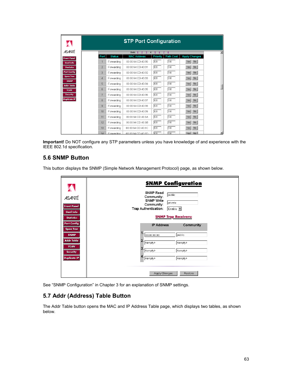 6 snmp button, 7 addr (address) table button | Asante Technologies 3500 Series User Manual | Page 63 / 85