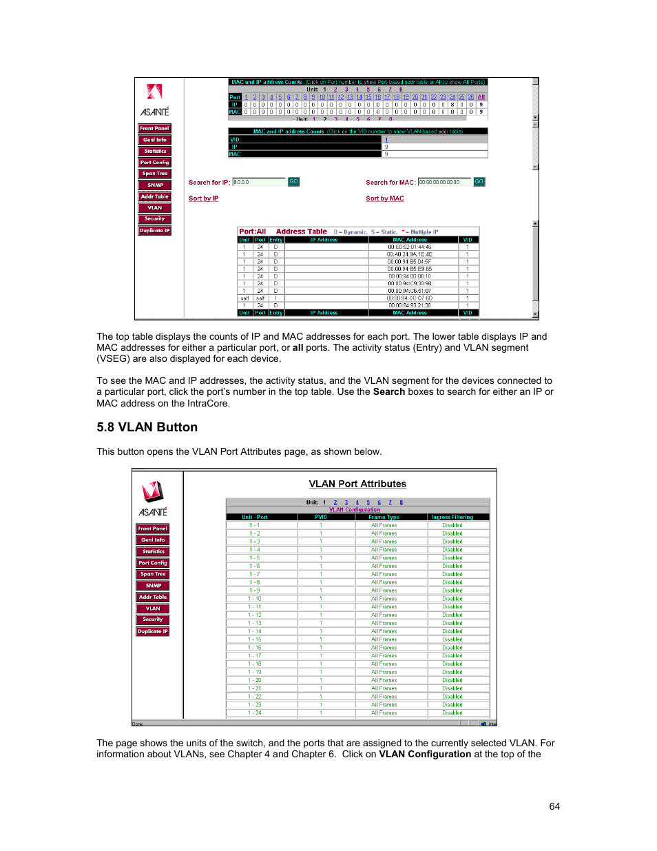8 vlan button | Asante Technologies 3500 Series User Manual | Page 64 / 85