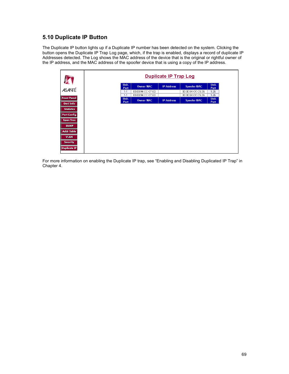 10 duplicate ip button | Asante Technologies 3500 Series User Manual | Page 69 / 85