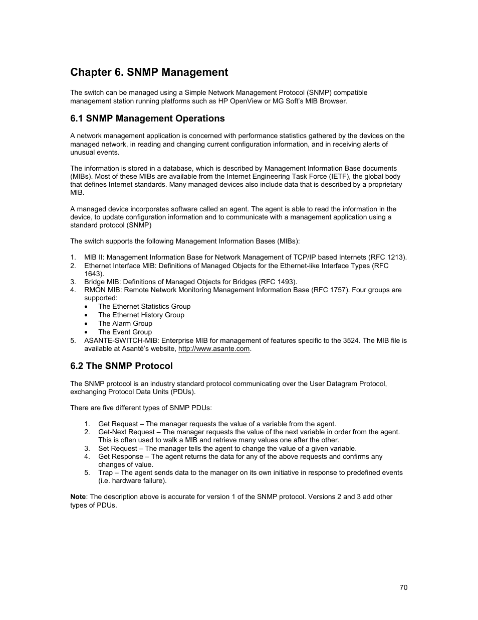 Chapter 6. snmp management, 1 snmp management operations, 2 the snmp protocol | Asante Technologies 3500 Series User Manual | Page 70 / 85