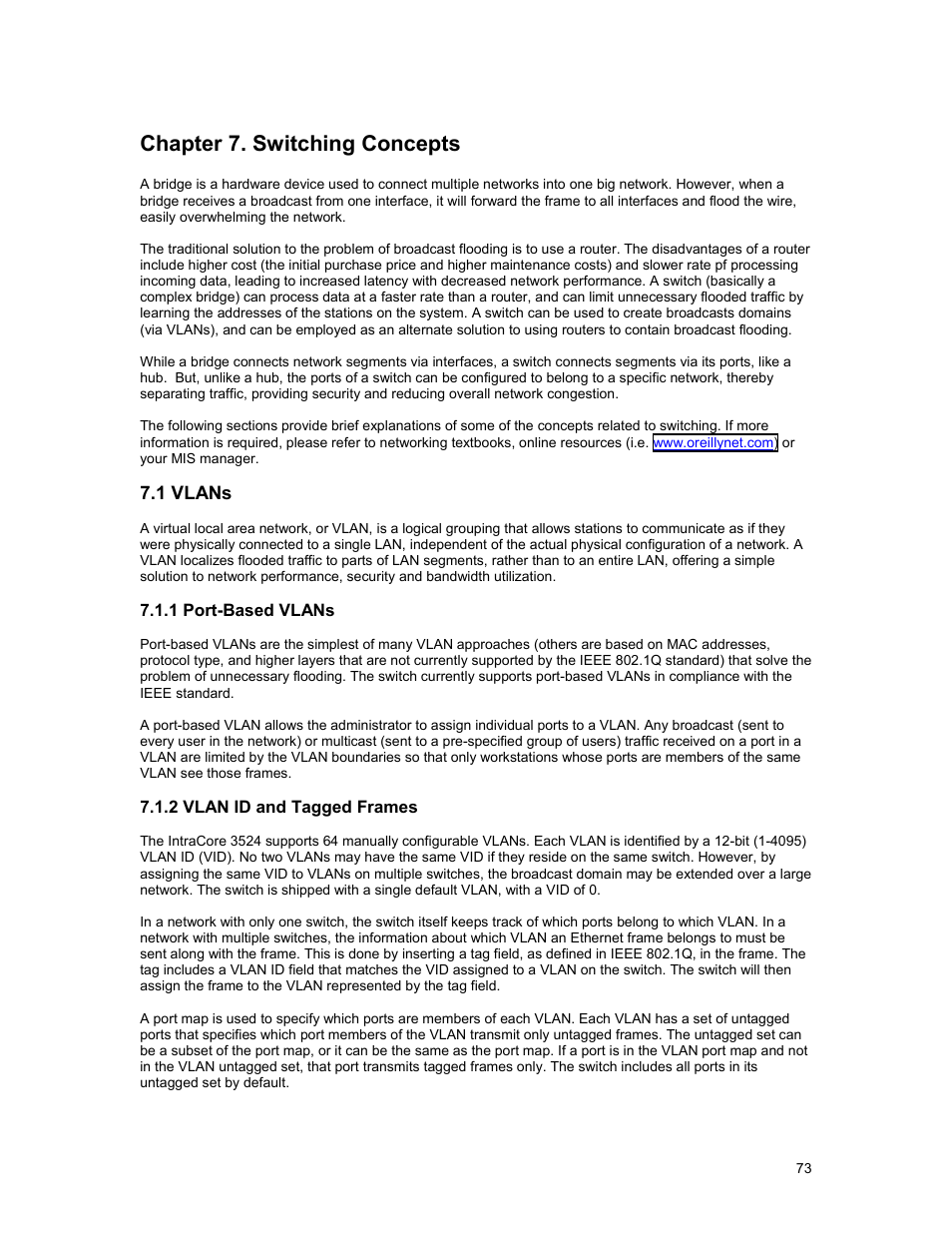 Chapter 7. switching concepts, 1 vlans | Asante Technologies 3500 Series User Manual | Page 73 / 85