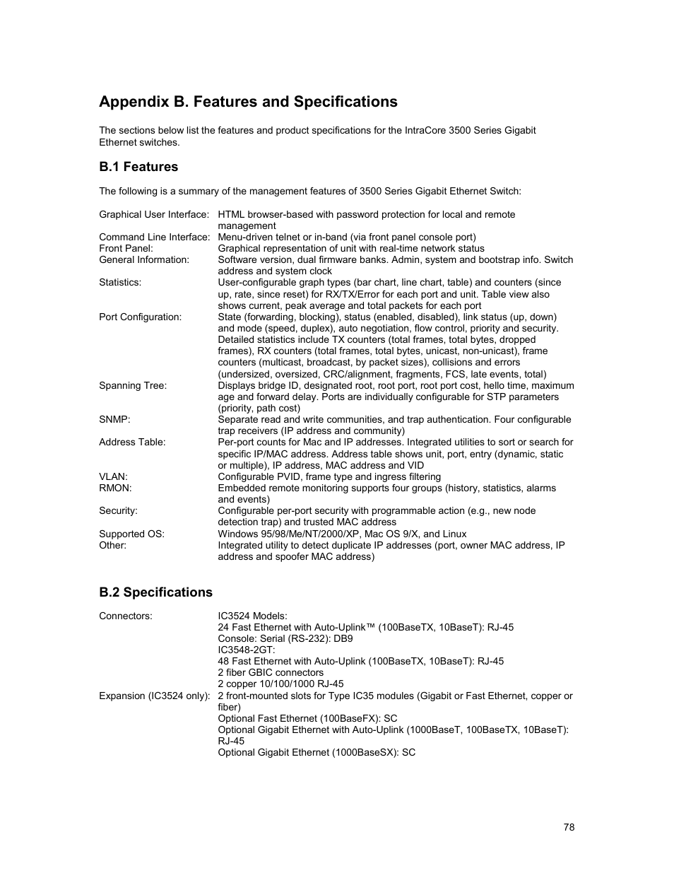 Appendix b. features and specifications, B.1 features, B.2 specifications | Asante Technologies 3500 Series User Manual | Page 78 / 85