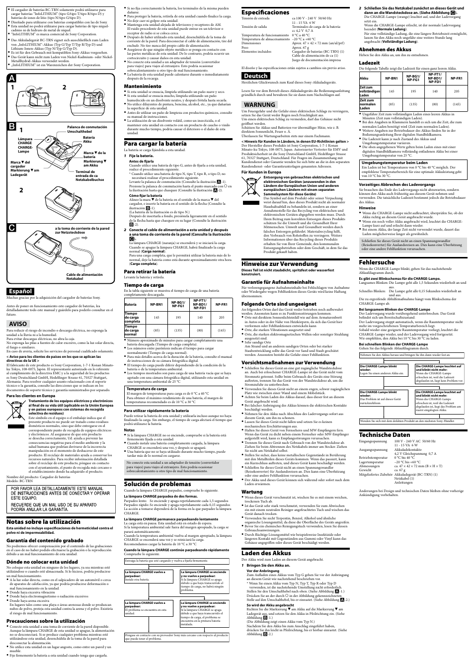 Para cargar la batería, Solución de problemas, Especificaciones | Deutsch, Warnung, Hinweise zur verwendung, Laden des akkus, Español, Aviso, Notas sobre la utilización | Sony BC-TRN User Manual | Page 2 / 2