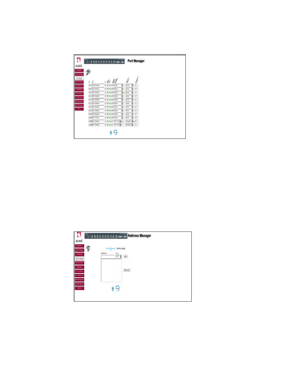 4 port manager, 5 address manager | Asante Technologies 65120 User Manual | Page 20 / 47