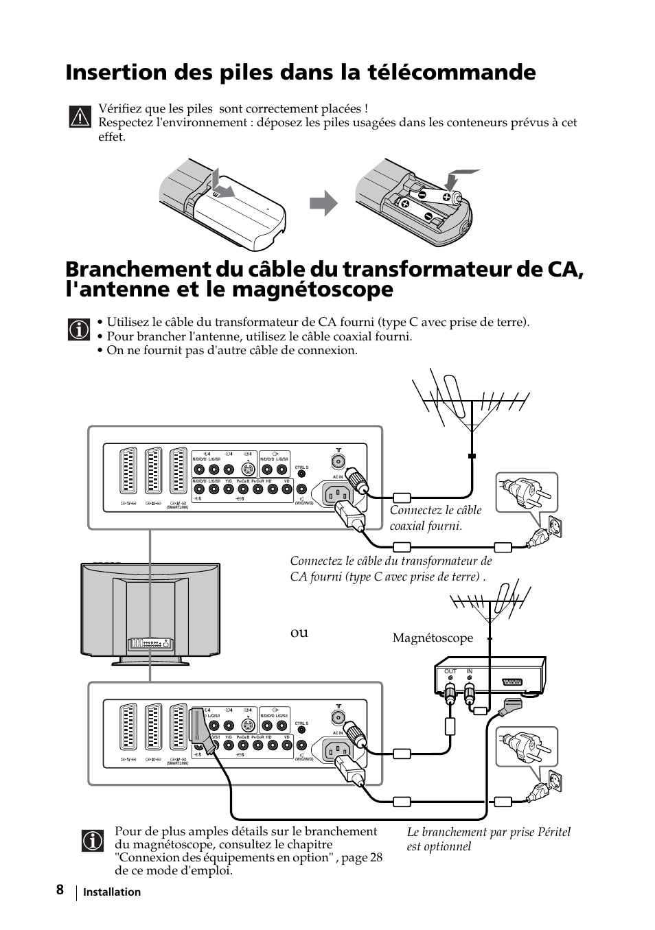 Installation, Insertion des piles dans la télécommande | Sony KE-32TS2E User Manual | Page 105 / 135