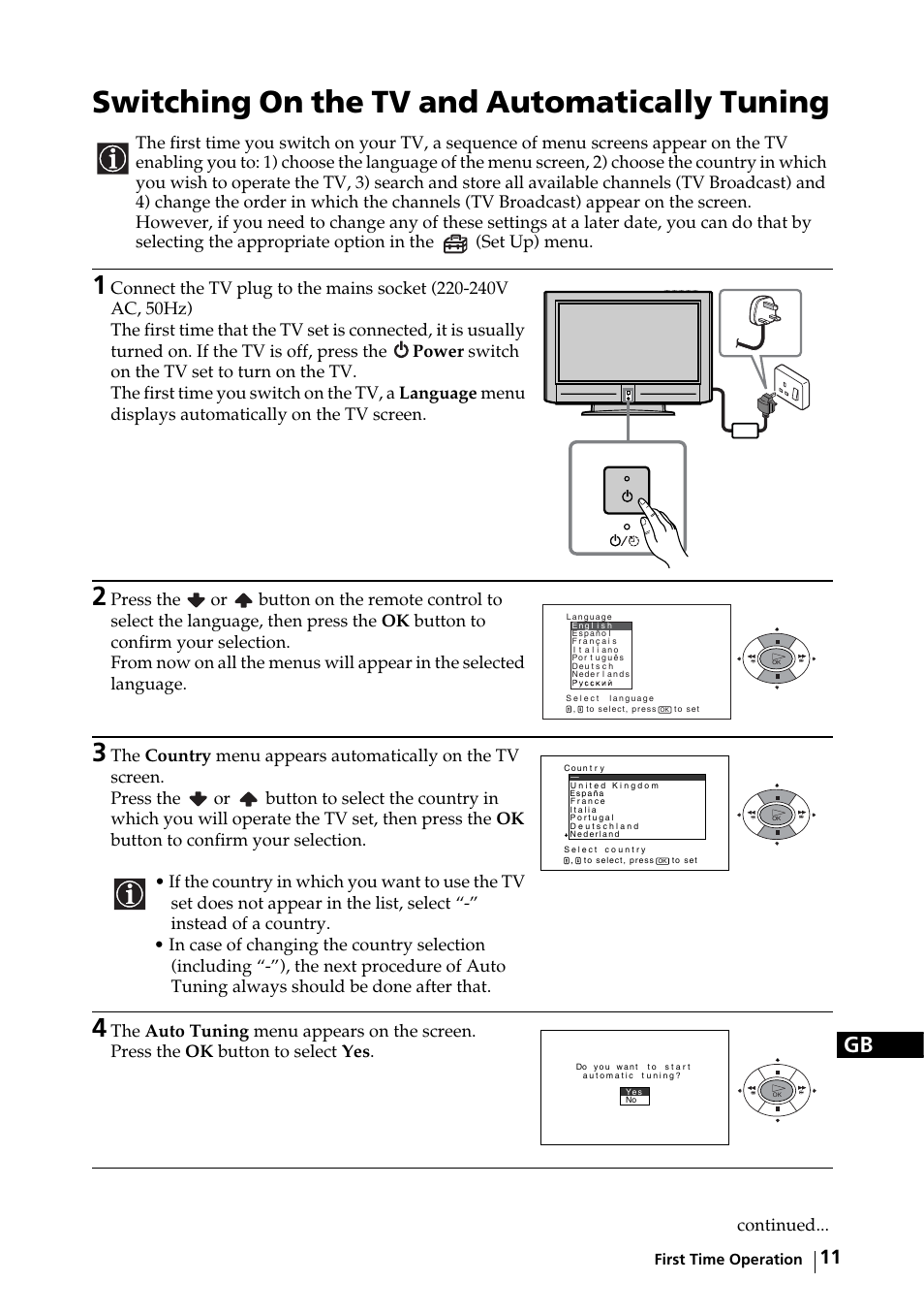 First time operation, Switching on the tv and automatically tuning, Continued | Sony KE-32TS2E User Manual | Page 11 / 135