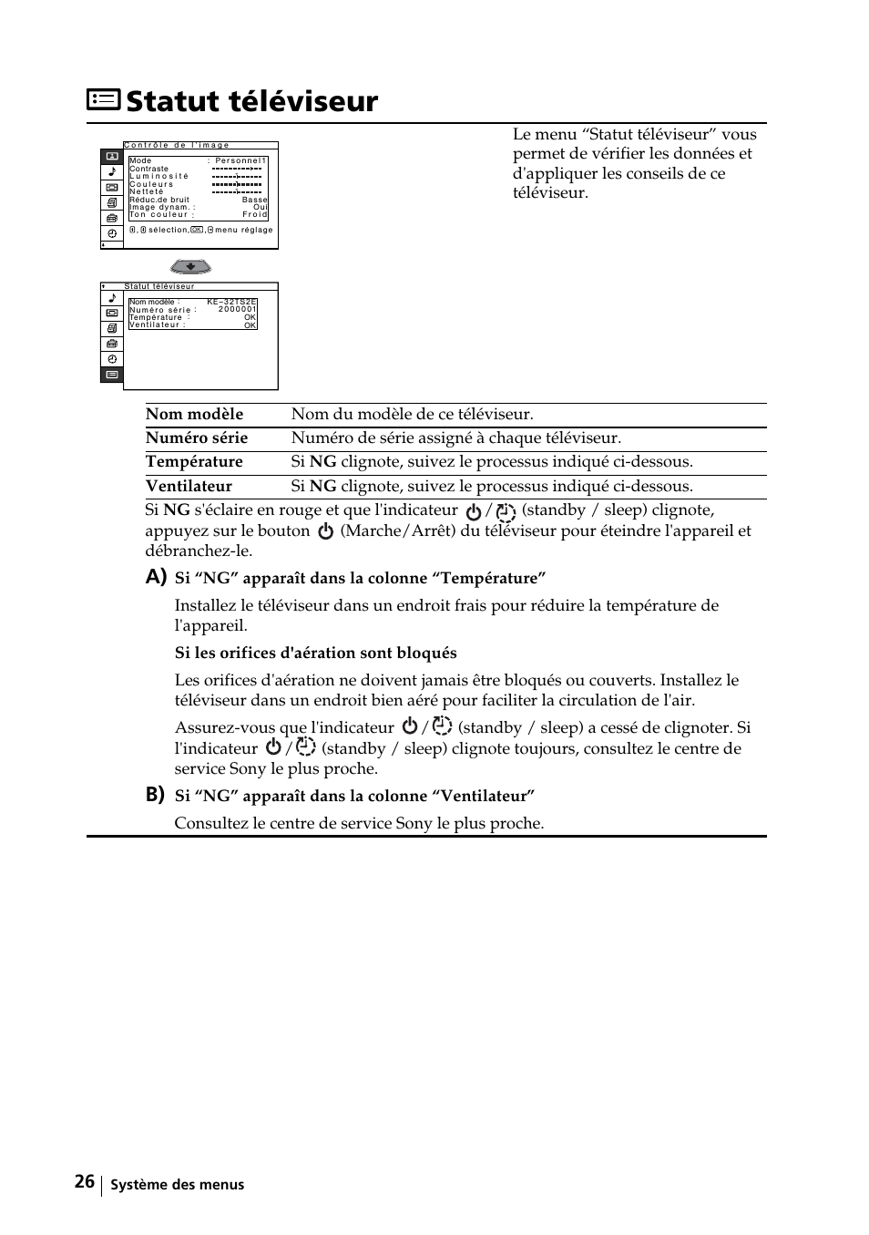 Statut téléviseur | Sony KE-32TS2E User Manual | Page 123 / 135