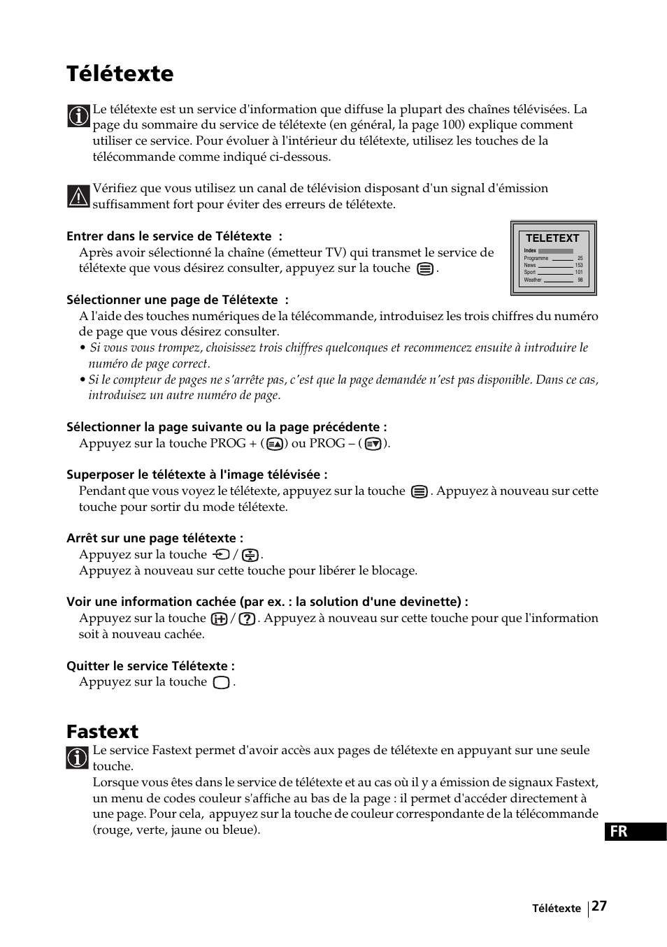 Télétexte, Fastext | Sony KE-32TS2E User Manual | Page 124 / 135