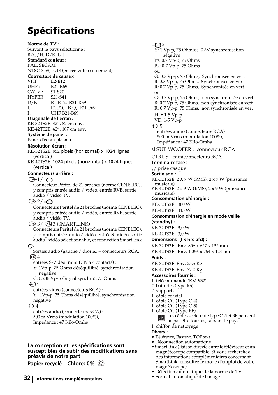 Spécifications | Sony KE-32TS2E User Manual | Page 129 / 135