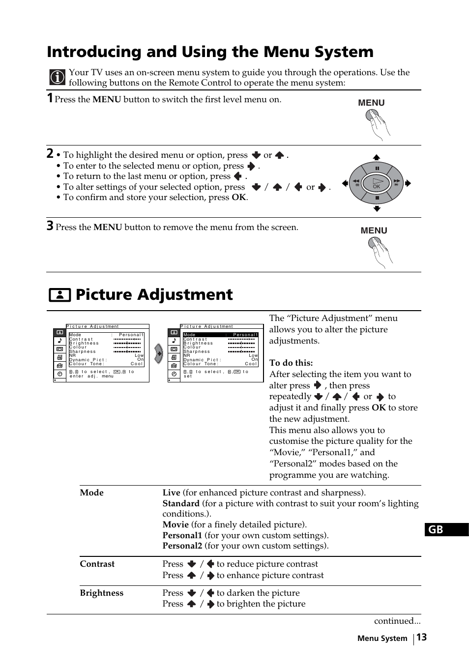 Menu system, Introducing and using the menu system, Picture adjustment | Continued | Sony KE-32TS2E User Manual | Page 13 / 135