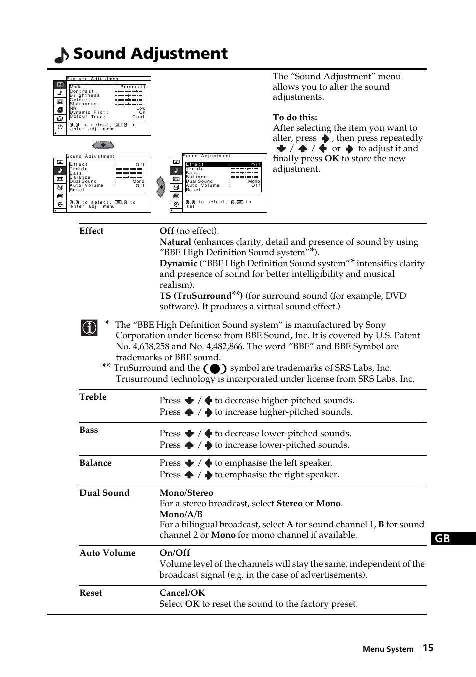 Sound adjustment, Dynamic (“bbe high definition sound system | Sony KE-32TS2E User Manual | Page 15 / 135