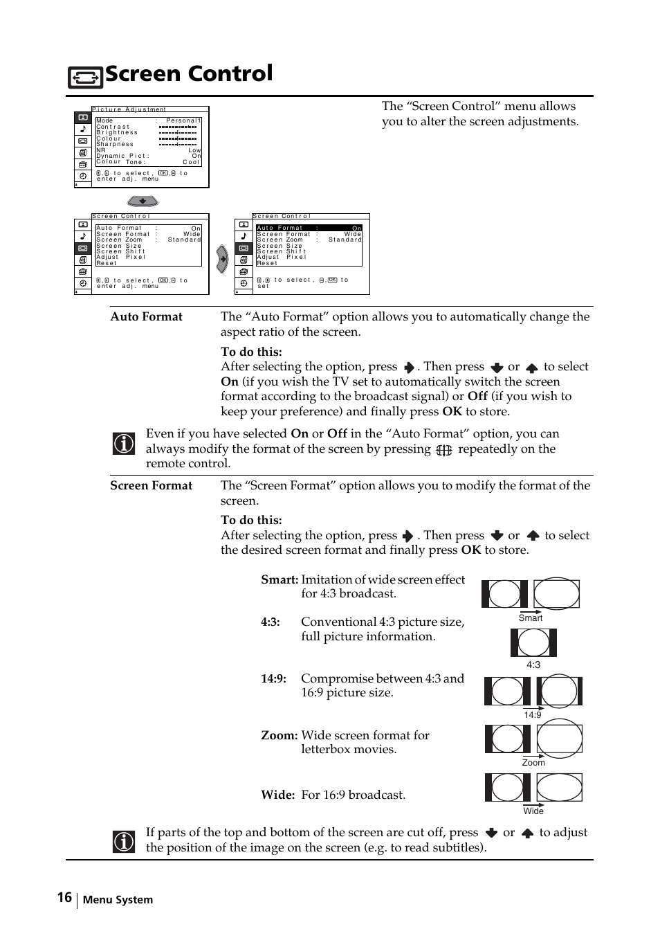 Screen control | Sony KE-32TS2E User Manual | Page 16 / 135