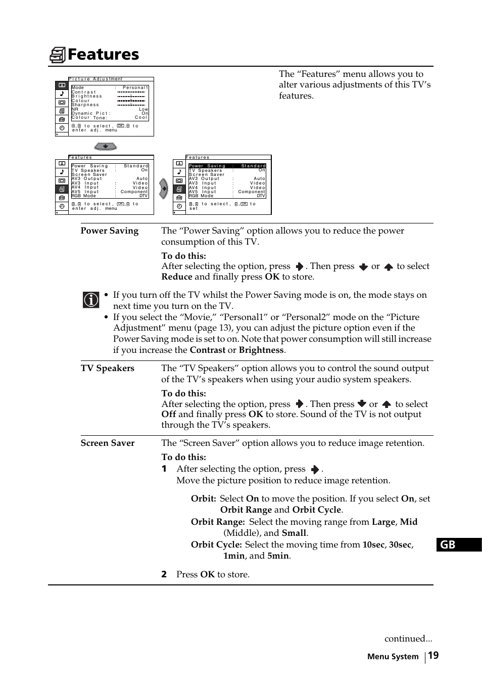 Features, Then press or, Continued | Sony KE-32TS2E User Manual | Page 19 / 135