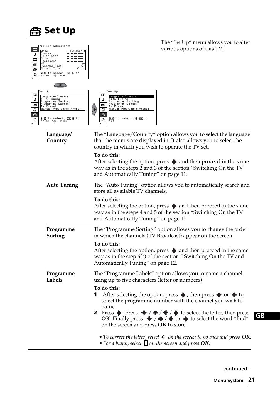 Set up, Then press, Continued | Sony KE-32TS2E User Manual | Page 21 / 135