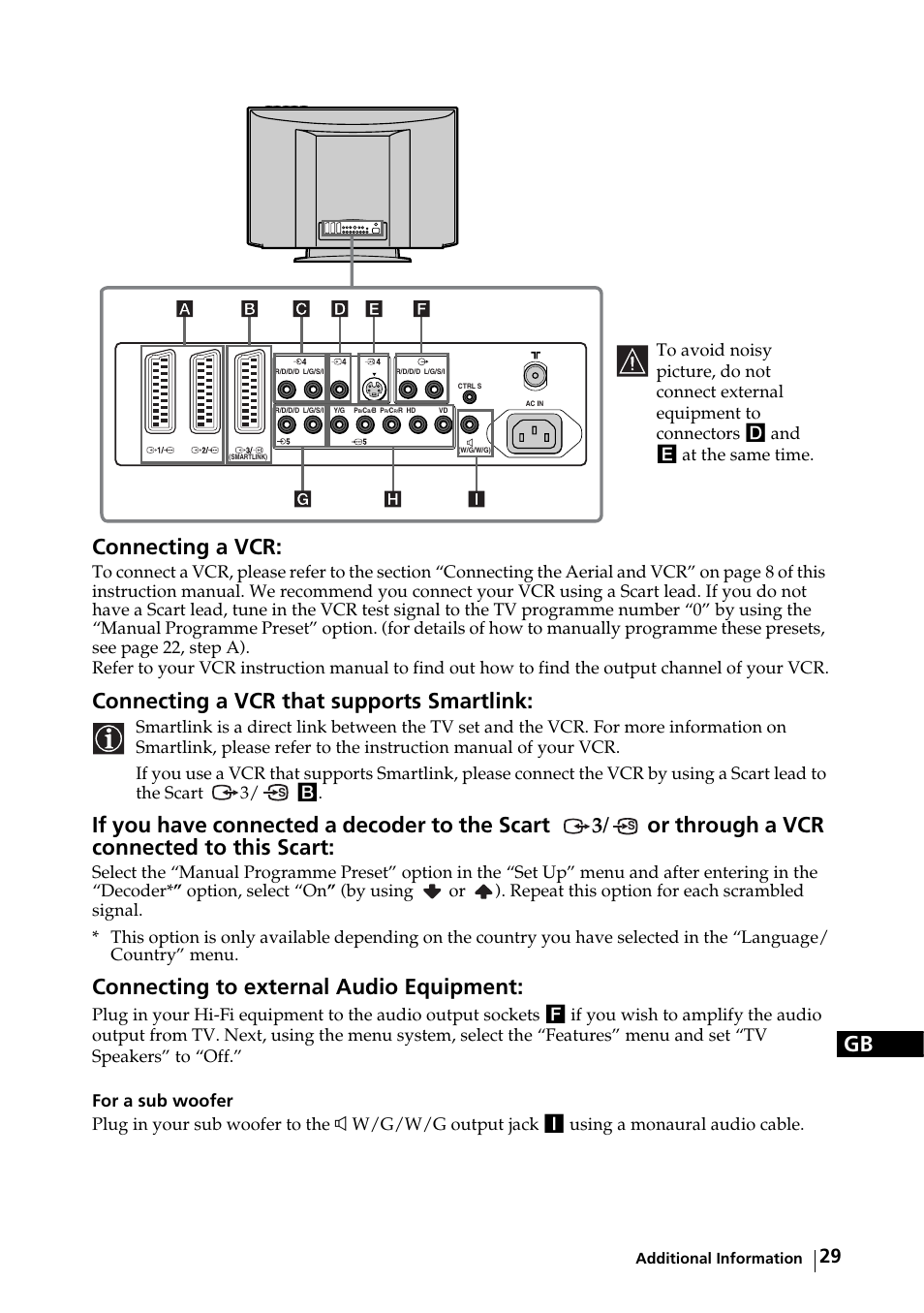 Gb connecting a vcr, 3/ or through a vcr connected to this scart, Connecting to external audio equipment | Sony KE-32TS2E User Manual | Page 29 / 135