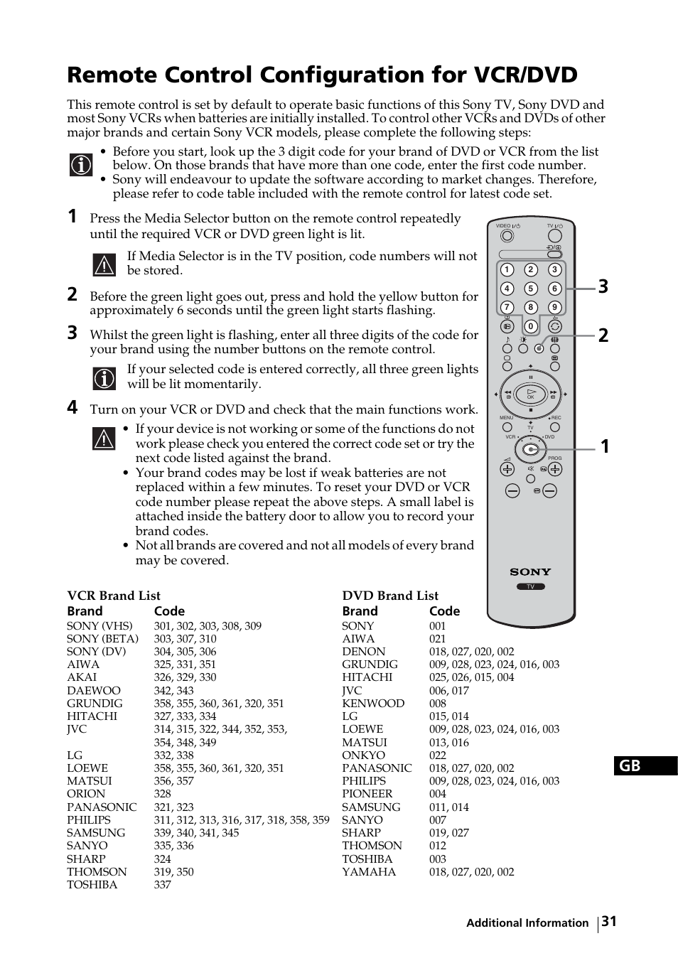 Remote control configuration for vcr/dvd | Sony KE-32TS2E User Manual | Page 31 / 135